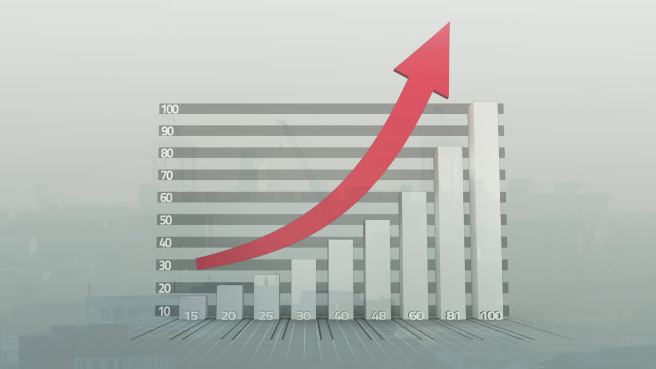 animación del procesamiento de datos estadísticos frente a una vista aérea del paisaje urbano