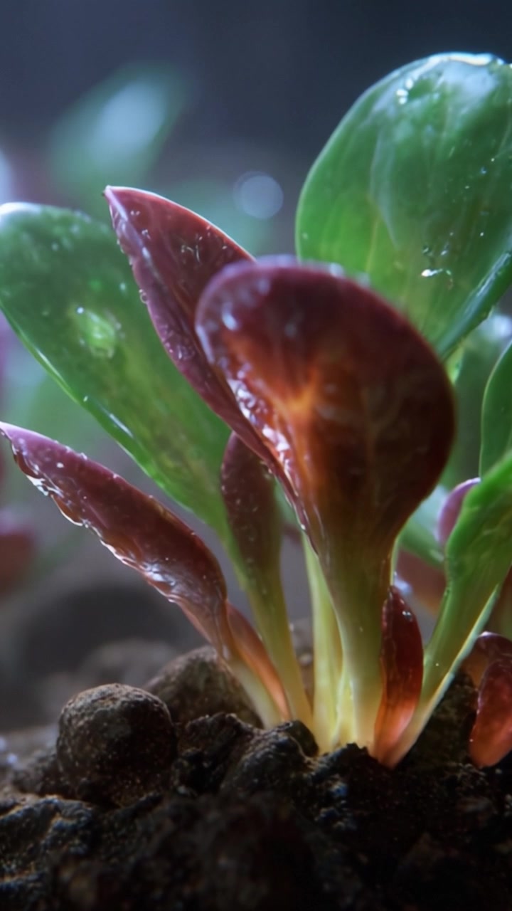 Primo piano di una pianta vivace con foglie rosse e verdi e goccioline d'acqua