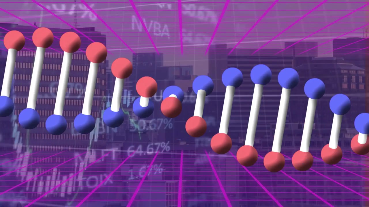 Animazione di un'elica di DNA rotante in un cerchio nero con tabellone di trading e grafici su uno skyline cittadino.