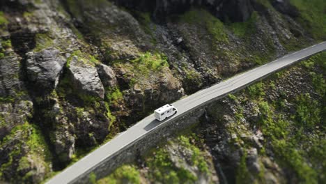 a motorhome climbs a winding trollstigen road which follows the steep cliffs near a cascading waterfall, offering a breathtaking view. an aerial tilt-shift video.