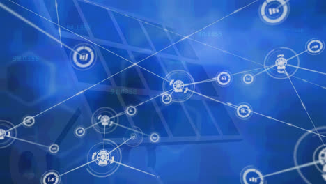 Animation-of-network-of-connections-over-solar-panels-and-scientific-data