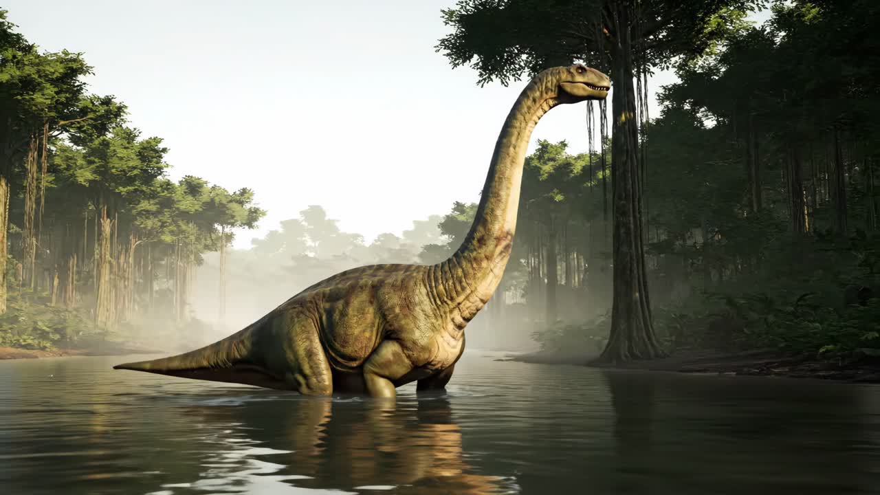 Brachiosaurus in a Lush River Setting