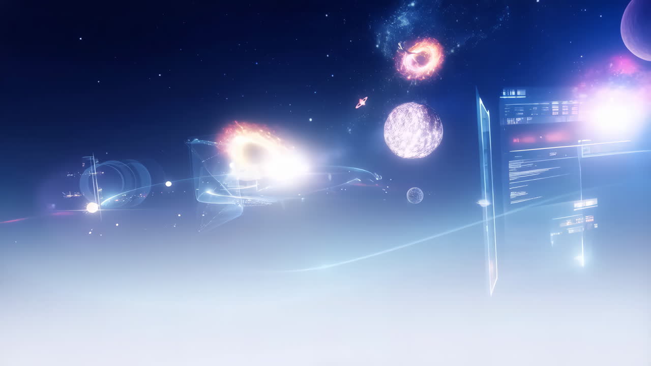 Futuristic Space Travel with Planets and Glowing Structures in the Cosmos