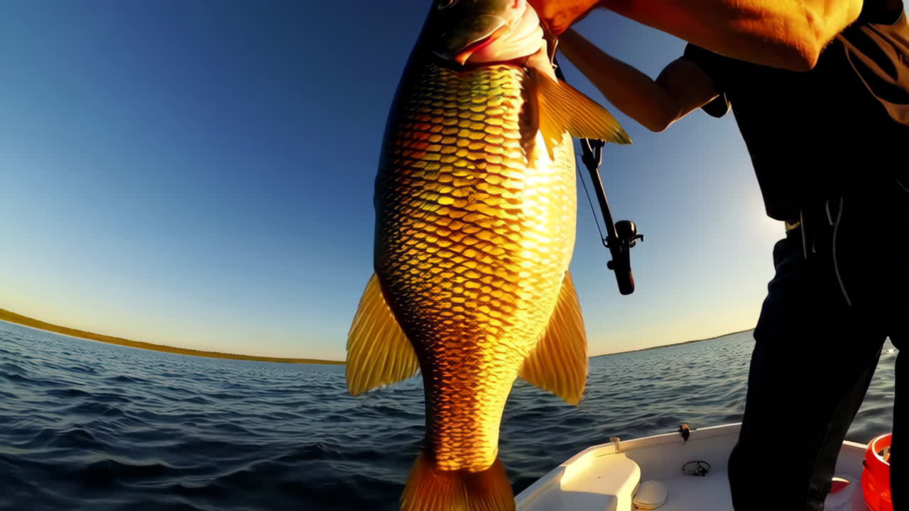Uomo pesca un pesce al tramonto da una barca