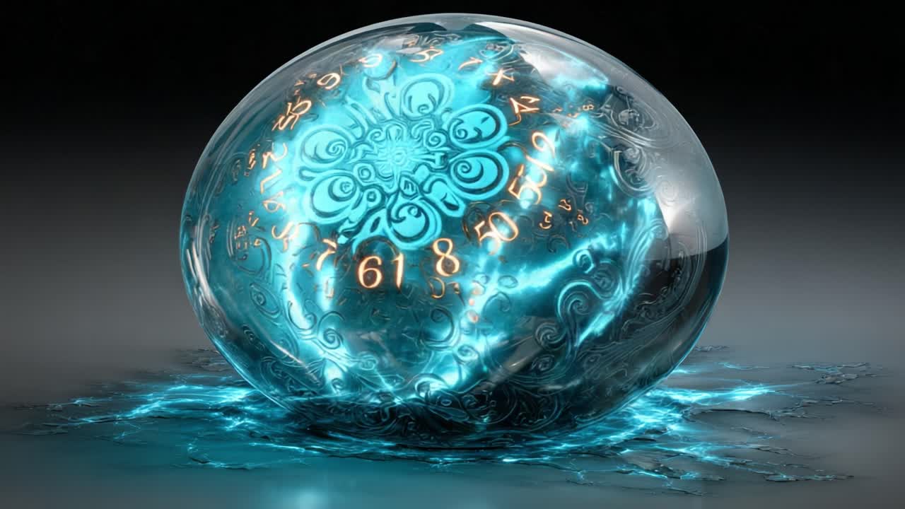 Magical glowing sphere with enigmatic numbers and intricate symbols spinning inside, releasing brilliant cyan energy onto a dark, textured surface, representing fortune telling and divination