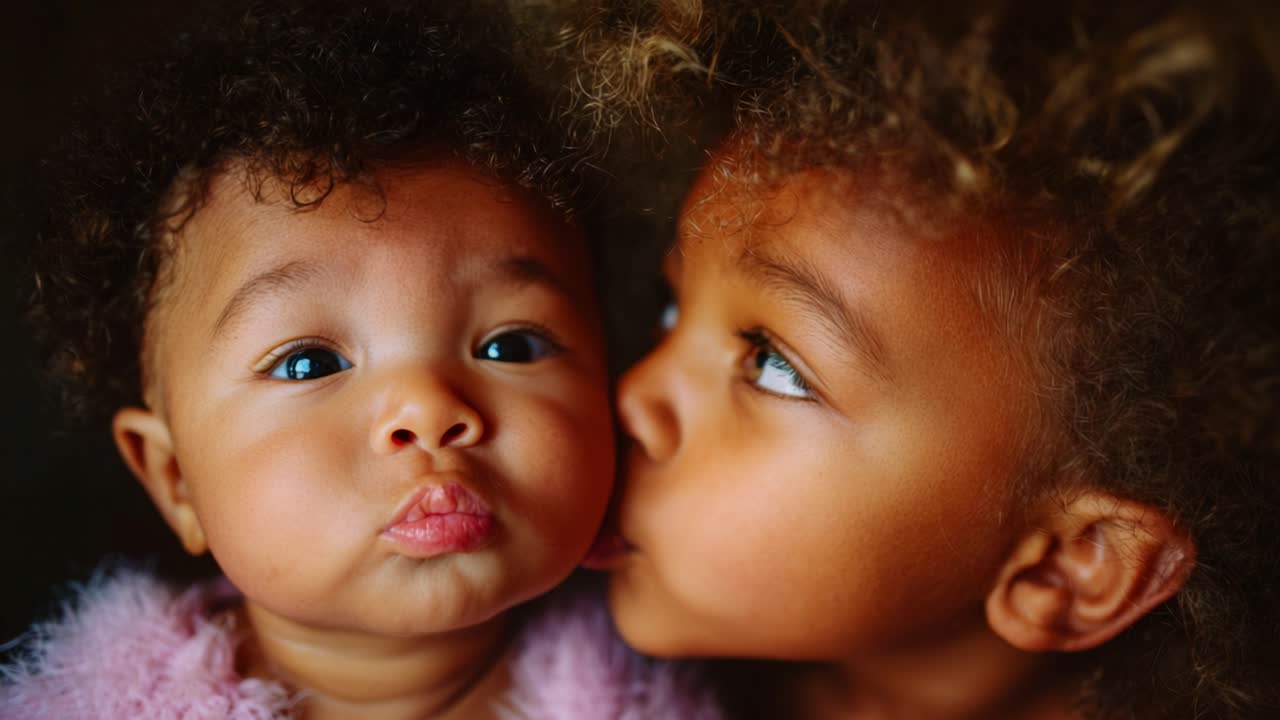 Un momento toccante tra due fratelli: un bambino bacia il suo fratellino, catturando l'essenza dell'amore familiare e della connessione in un ambiente spontaneo e adorabile