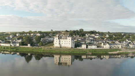 aerial drone point of view of the chateau de montsoreau and the river loire in the loire valley of france