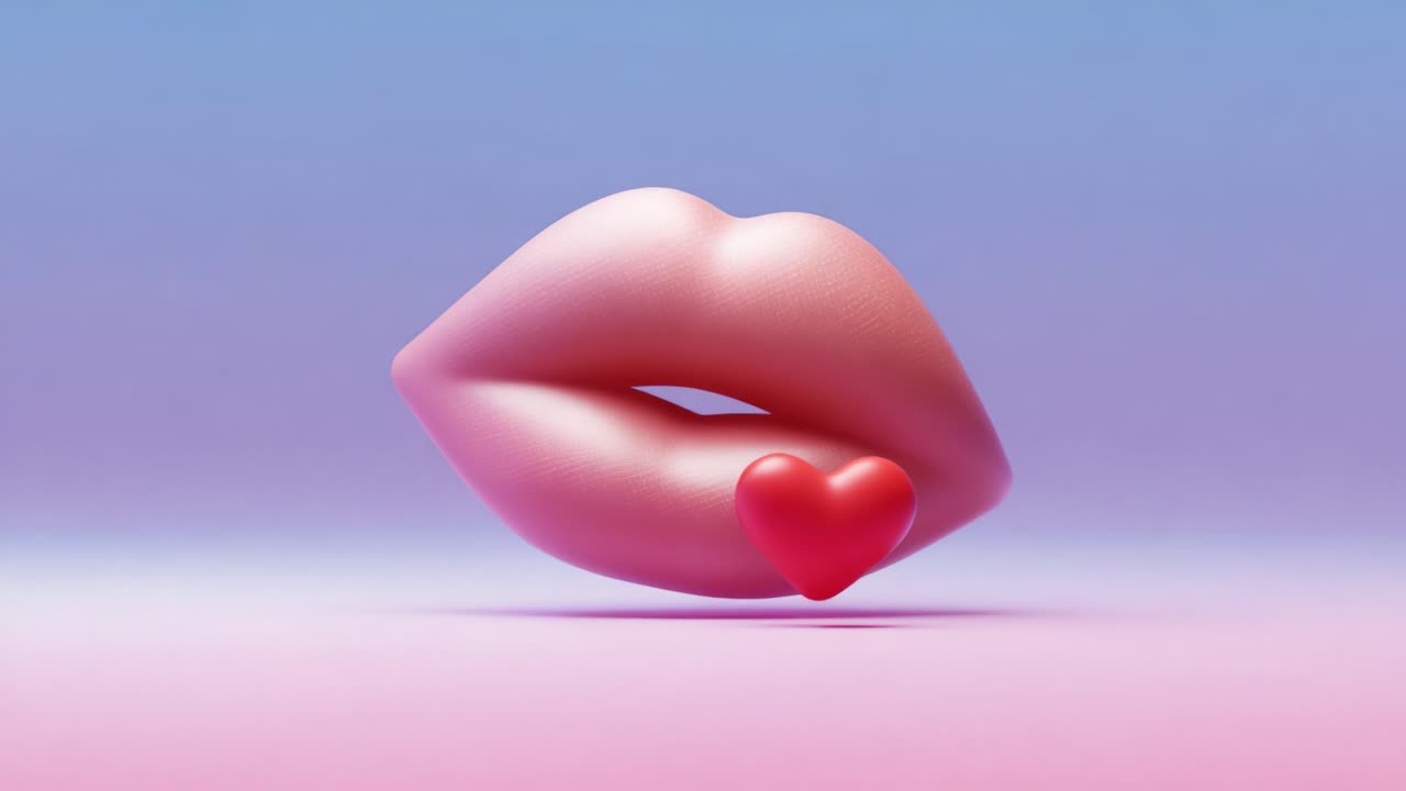 Una rappresentazione giocosa e accattivante di labbra stilizzate che tengono un piccolo cuore rosso, che mostra amore e romanticismo su uno sfondo gradiente da sogno che esalta la bellezza del soggetto