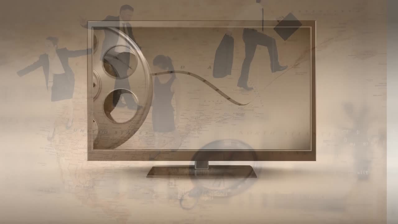 다양한 사람들 위에 영화 테이프로 tv 화면의 애니메이션.