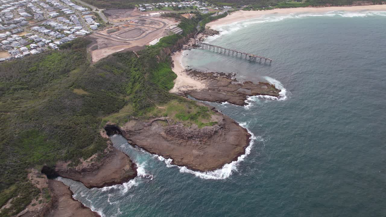 Hales Bluff, Catherine Hill Bay Jetty, And Middle Camp Beach On Central Coast, NSW, Australia - Aerial Drone Shot