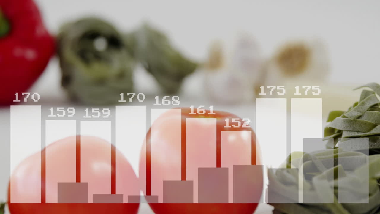Tomatoes and vegetables with bar graph animation overlaying nutritional data