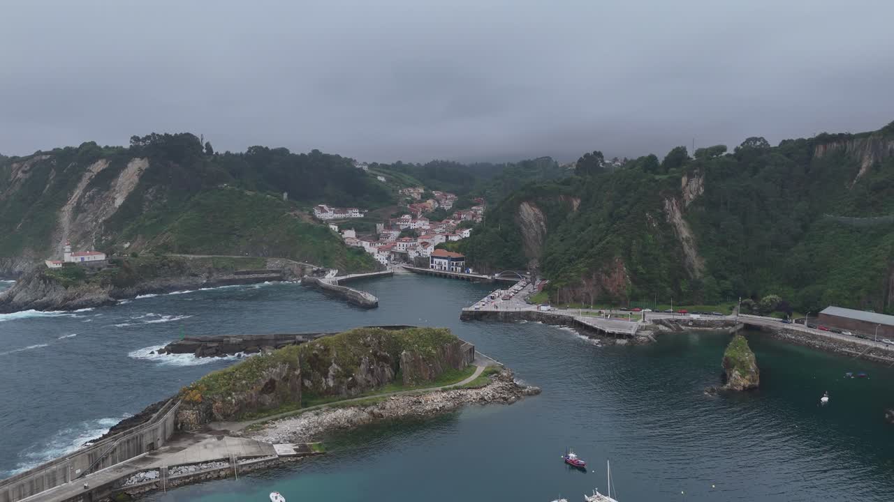 Harbour and fishing village Cudillero Asturias, northern Spain, drone,aerial