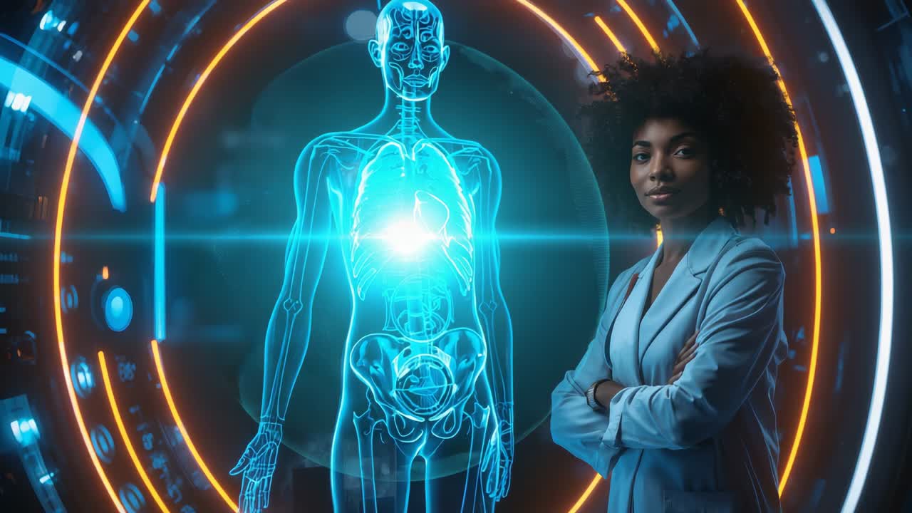 Pulsing chest glow starting holo sphere scan in tech bay, presenter in blue blazer observing