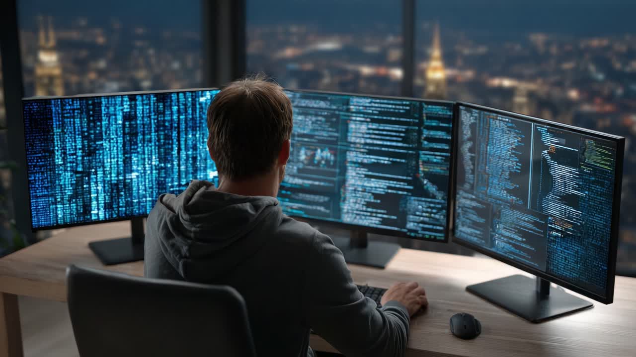A Focused Programmer Analyzing Complex Data Streams on Multiple High-Resolution Monitors with a Stunning Urban Nightscape in the Background