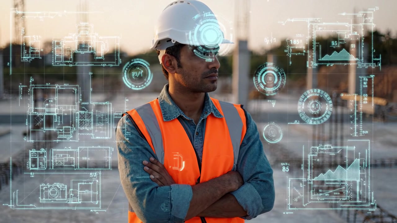 Construction Worker Overlooking Site with Digital Overlays of Engineering Concepts and Data Visualizations During Sunset in Modern Industrial Environment