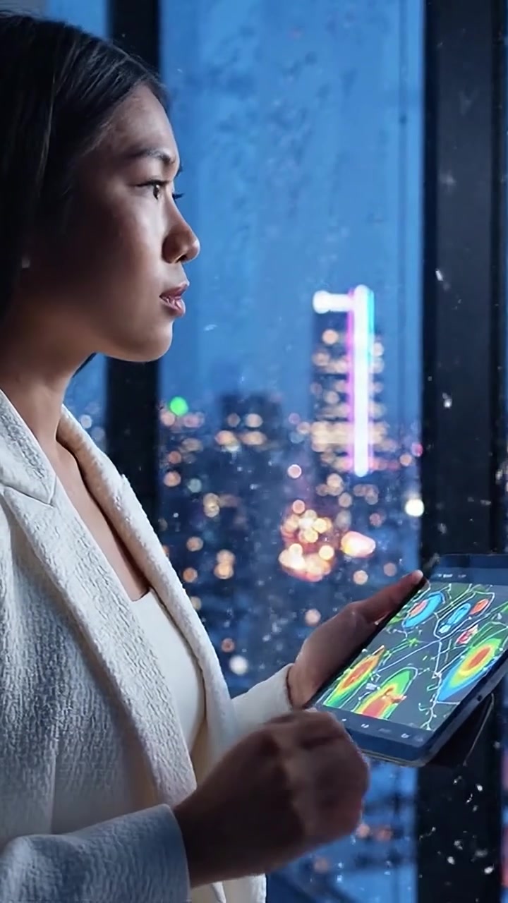 Una donna contemplativa guarda fuori da una finestra bagnata dalla pioggia mentre tiene un tablet che mostra vivide visualizzazioni di dati, catturando un momento di concentrazione e riflessione
