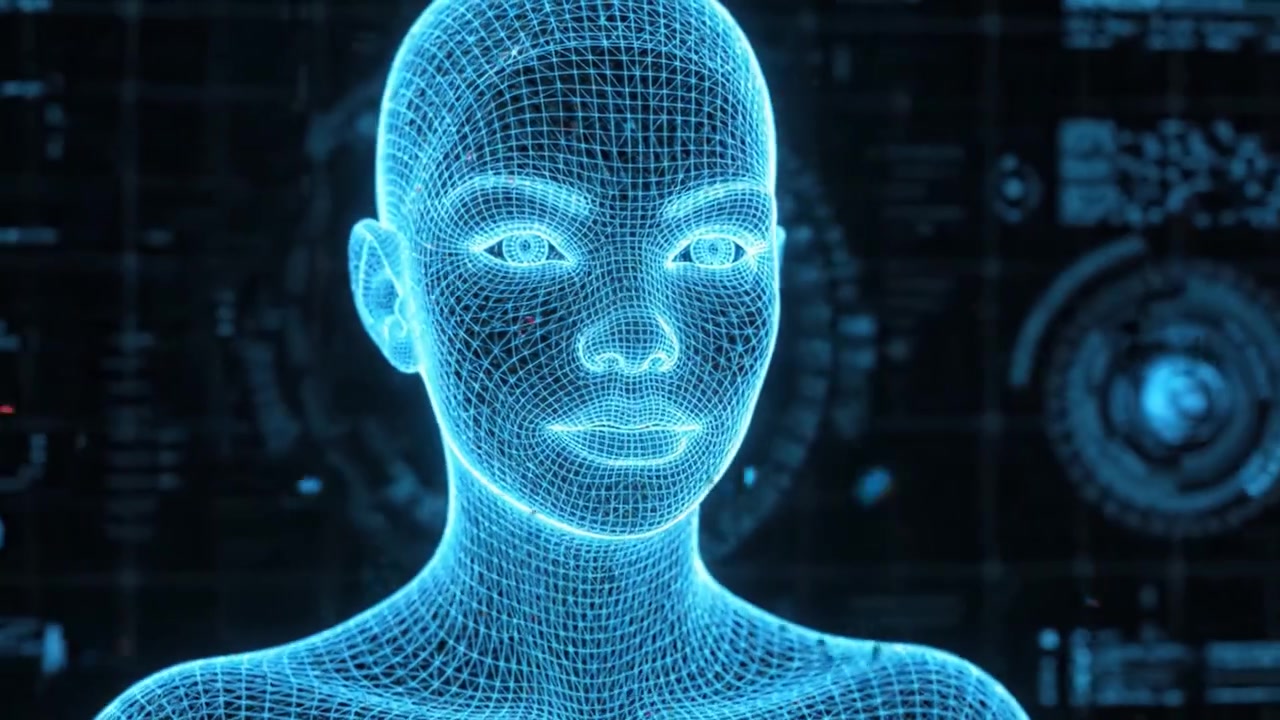 Exploring the Digital Anatomy: A Futuristic Representation of an AI Avatar in a Virtual Space with Intricate Wireframe Details and Technological Backdrops