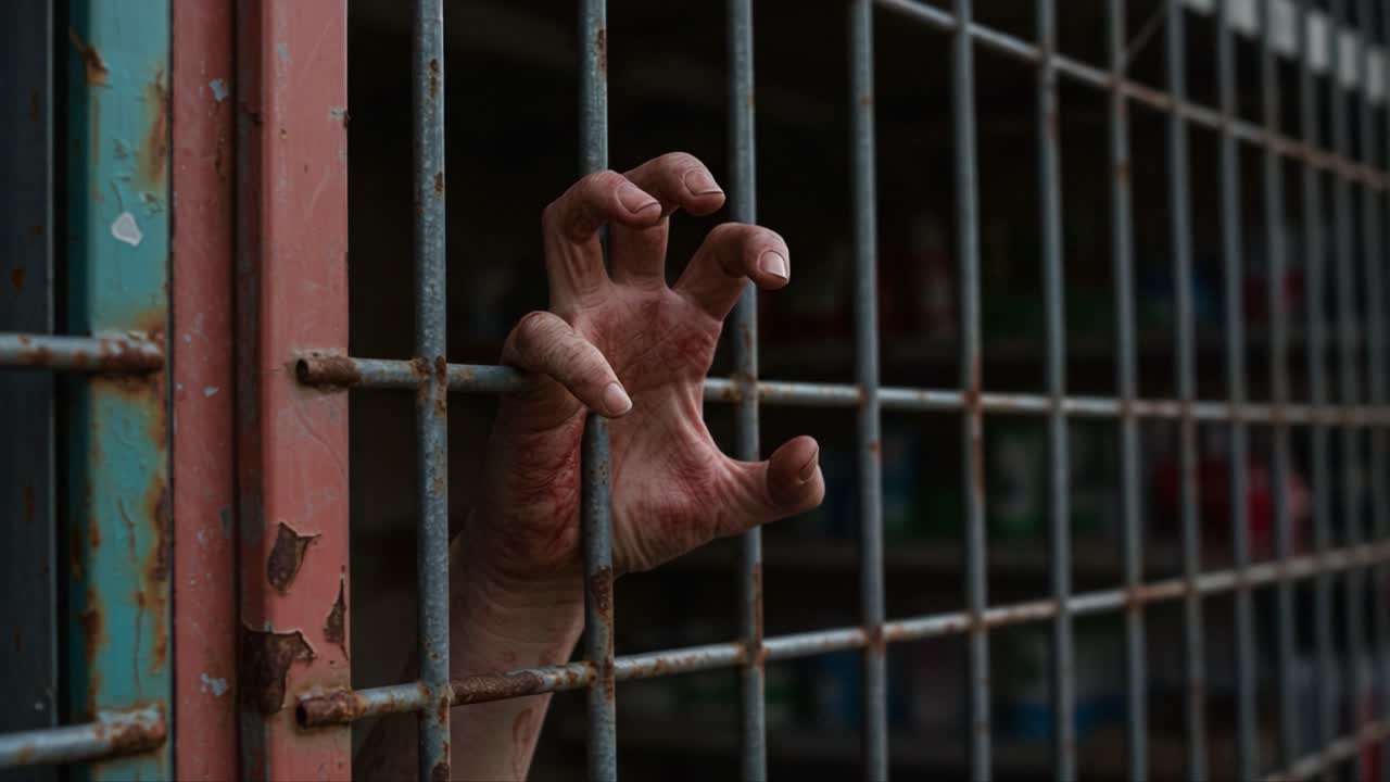A haunting glimpse through rusty bars, capturing a desperate hand reaching out in search of freedom, emphasizing the raw emotion of confinement and yearning for escape
