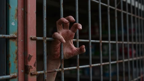 a haunting glimpse through rusty bars, capturing a desperate hand reaching out in search of freedom, emphasizing the raw emotion of confinement and yearning for escape