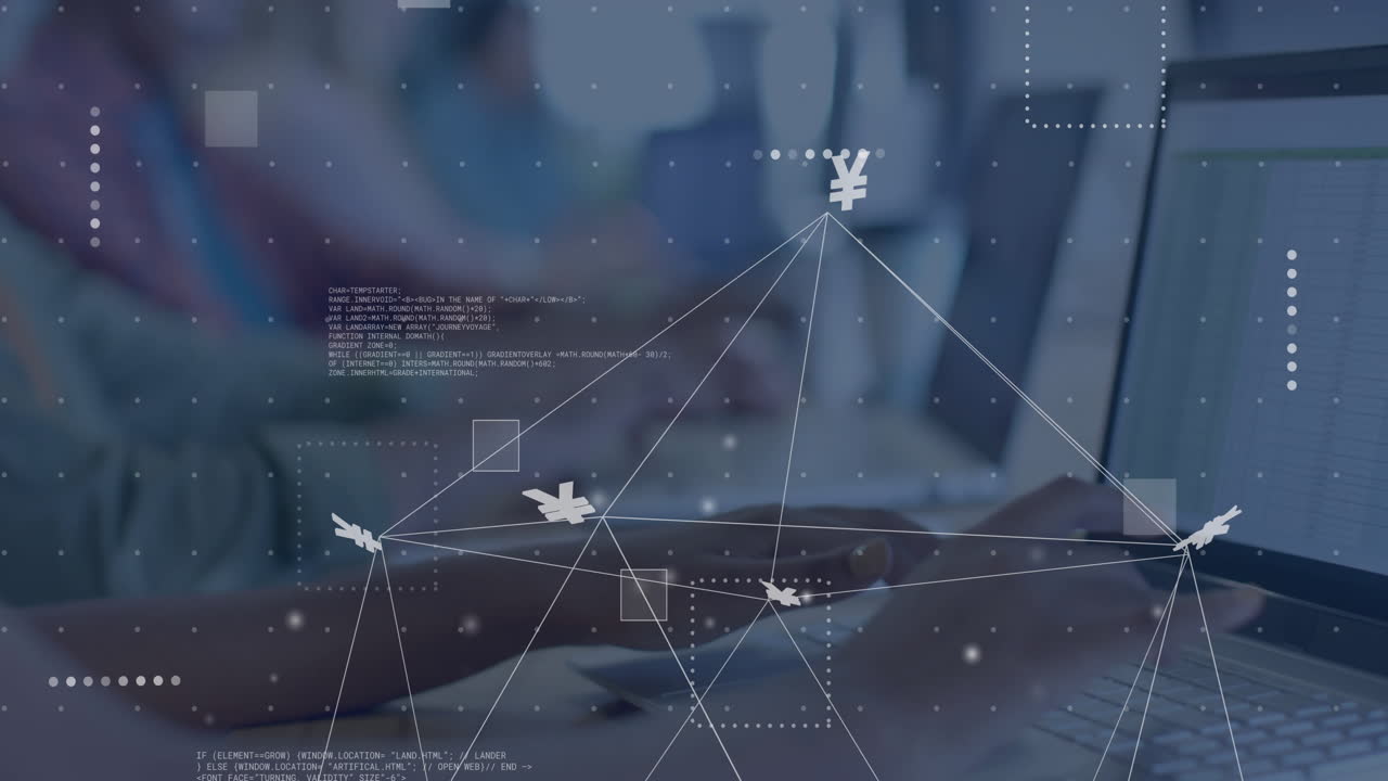 Animation af valutasymbol, netværk og databehandling over forskellige mennesker, der bruger laptops