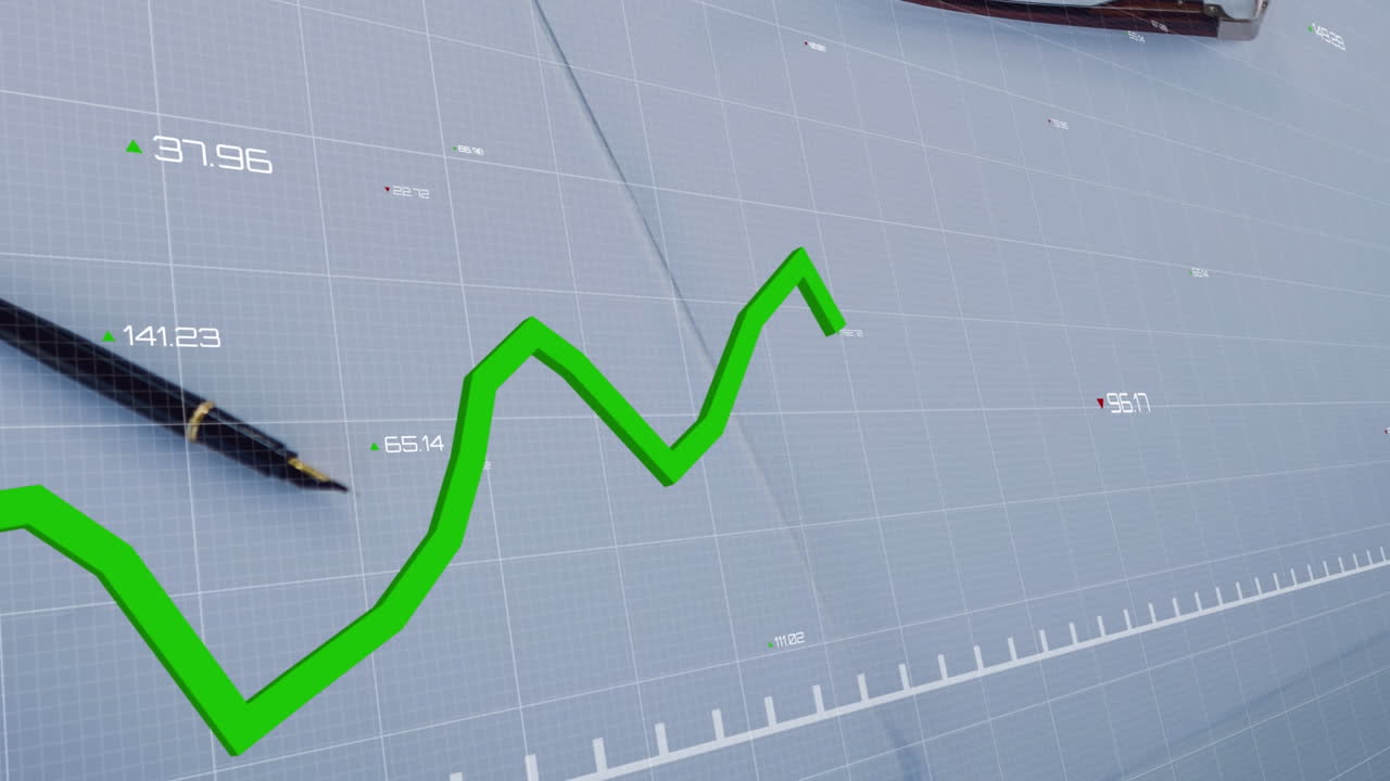 animación del procesamiento de datos estadísticos frente a un primer plano de un bolígrafo y un papel en blanco.