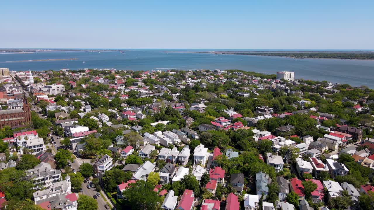 Charleston South Carolina Battery Harbor aerial view rotate up shot