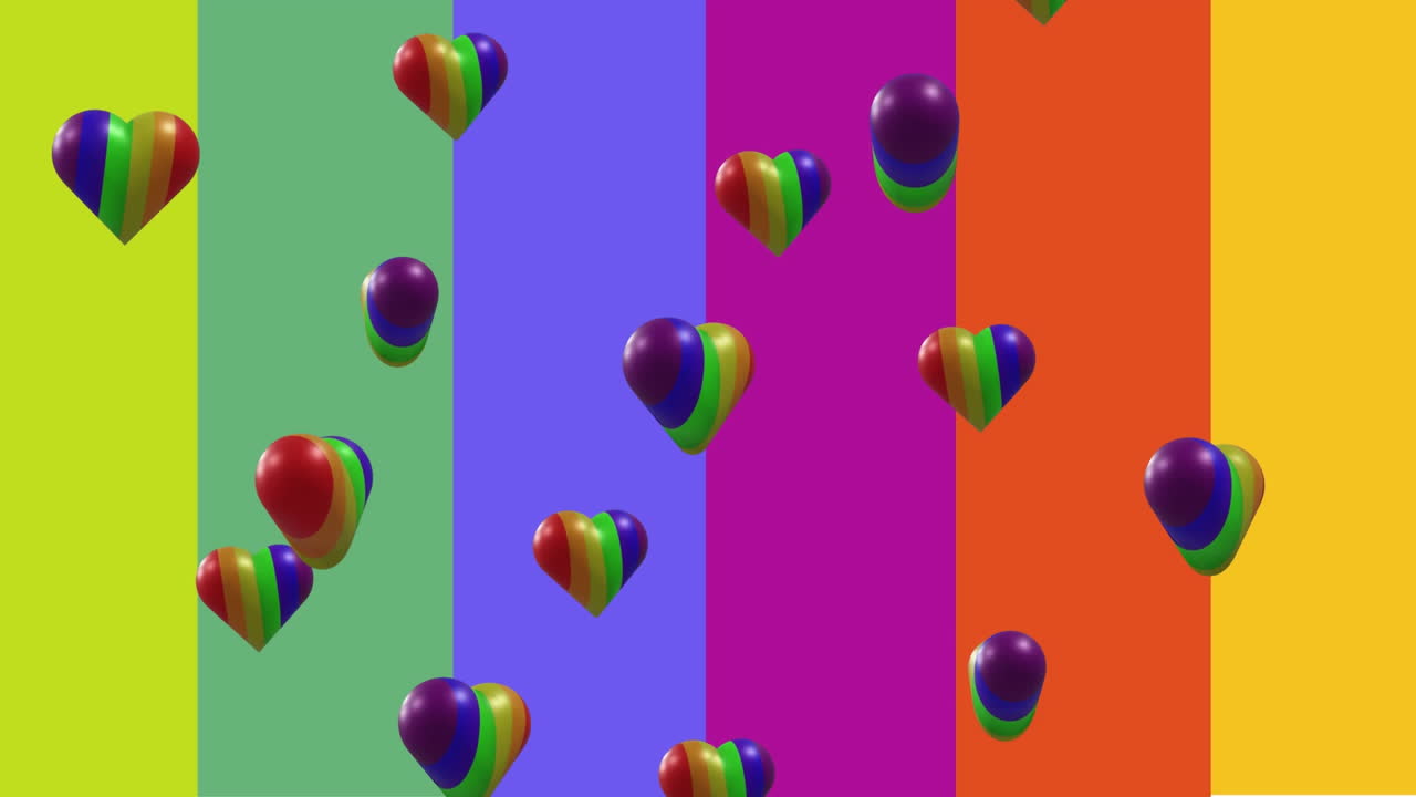 animación de corazones arco iris moviéndose en un fondo colorido.