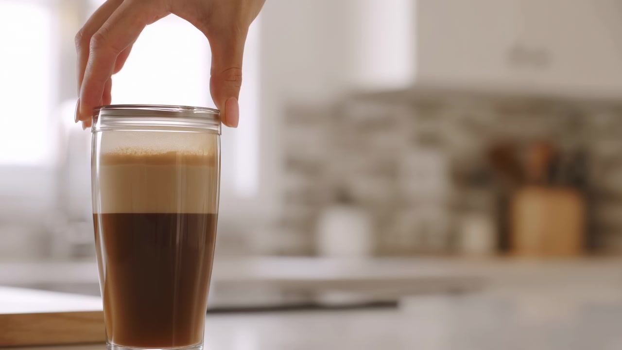 Primo piano a metà sequenza di latte versato per creare un latte macchiato a strati in una cucina moderna al mattino