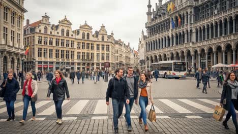 bustling city square with historic architecture and pedestrians in brussels, belgium