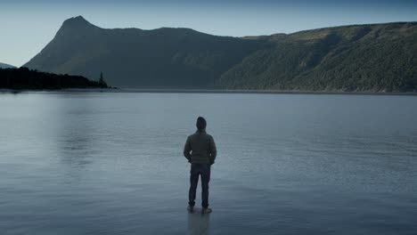 unrecognizable man looking out over lake, rear view, gentle pan