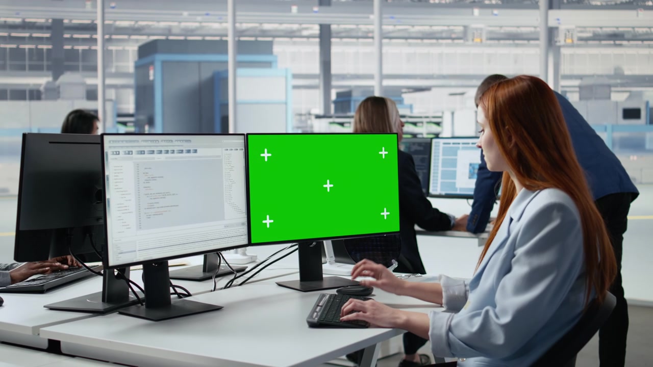 Kvindelig udvikler arbejder på computer med grøn skærm på et moderne kontor