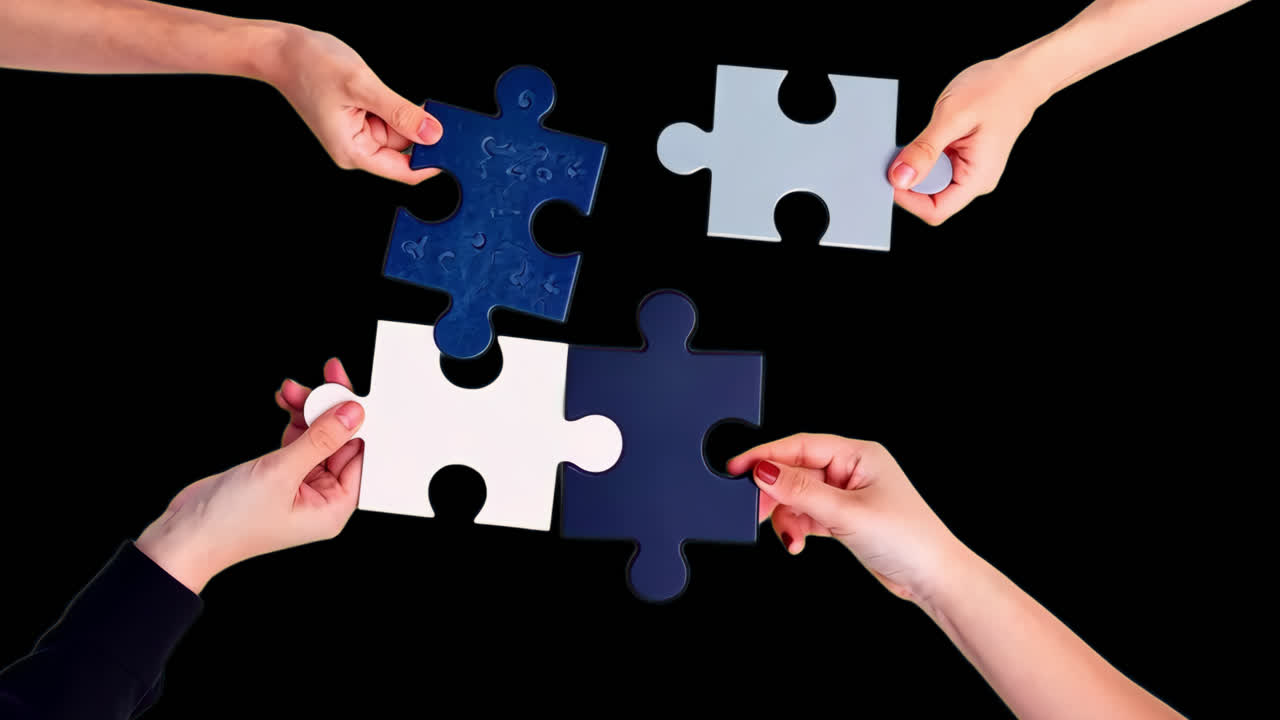 Collaboration through puzzle pieces animated overlay, transparent 4K video, alpha channel, ProRes