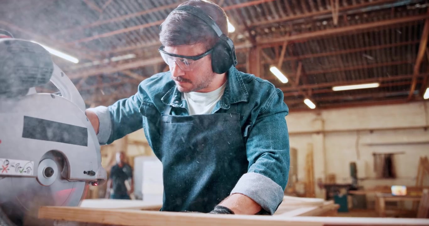 Carpenter Cutting Wood with Miter Saw in Workshop