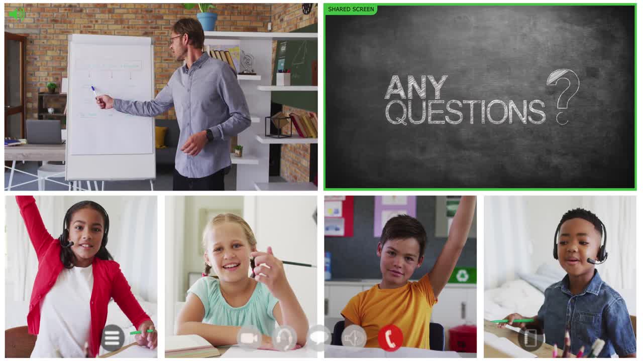 animación de pantallas de videollamadas de pizarra y diversos maestros y niños que tienen lecciones en línea