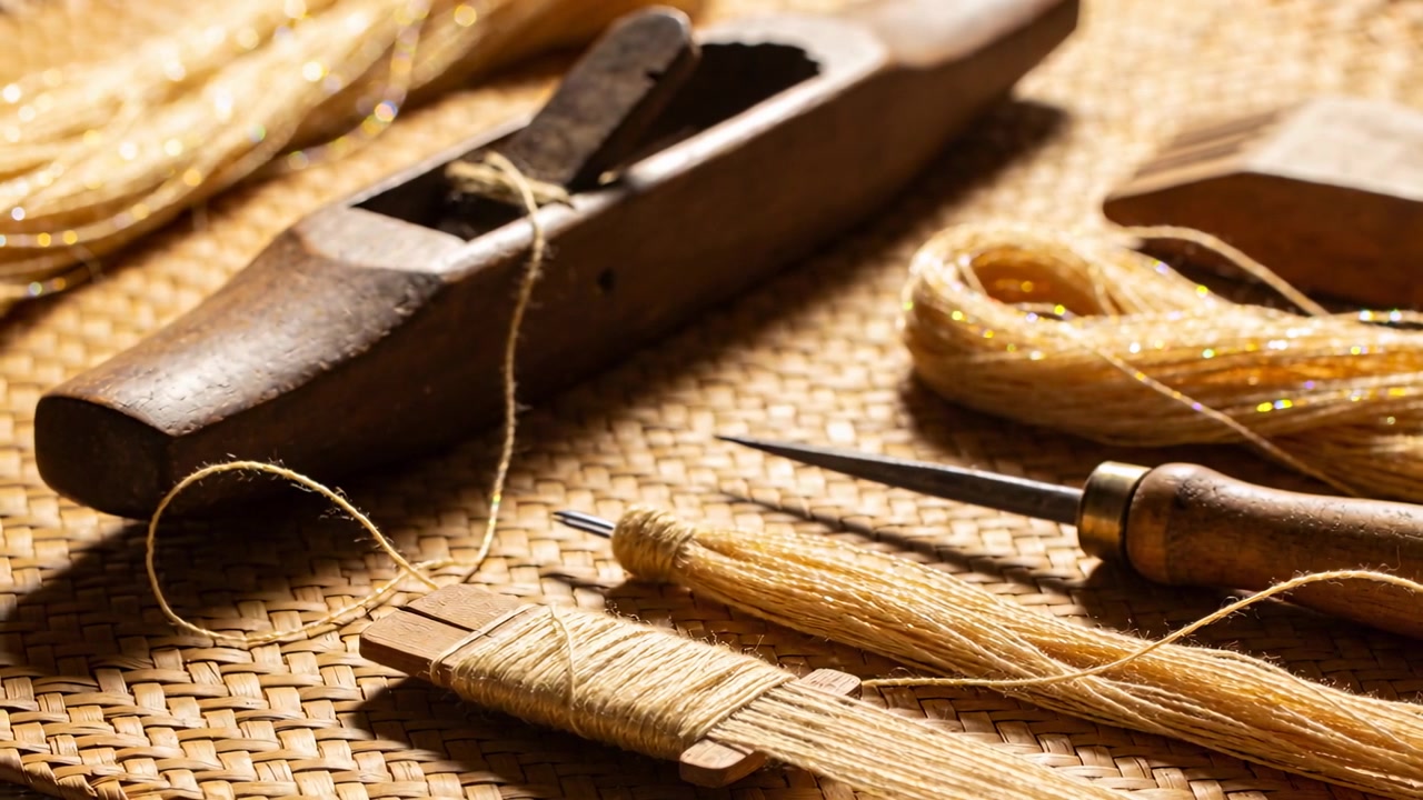 Tightening cam framing showing warm sheen on plane, awl, bobbin, gold twine on mat accenting grain