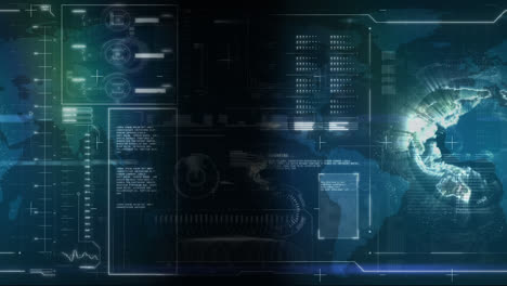 Animación-Del-Globo-Girando-Con-Procesamiento-De-Datos-E-Información-A-Través-De-Pantallas-Sobre-Fondo-Azul