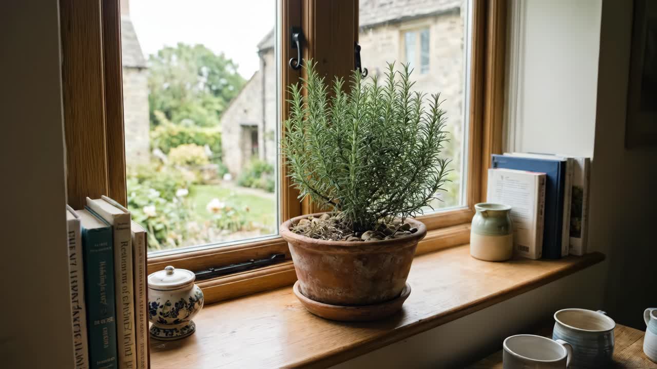 Potted Rosemary Plant on a Rustic Windowsill