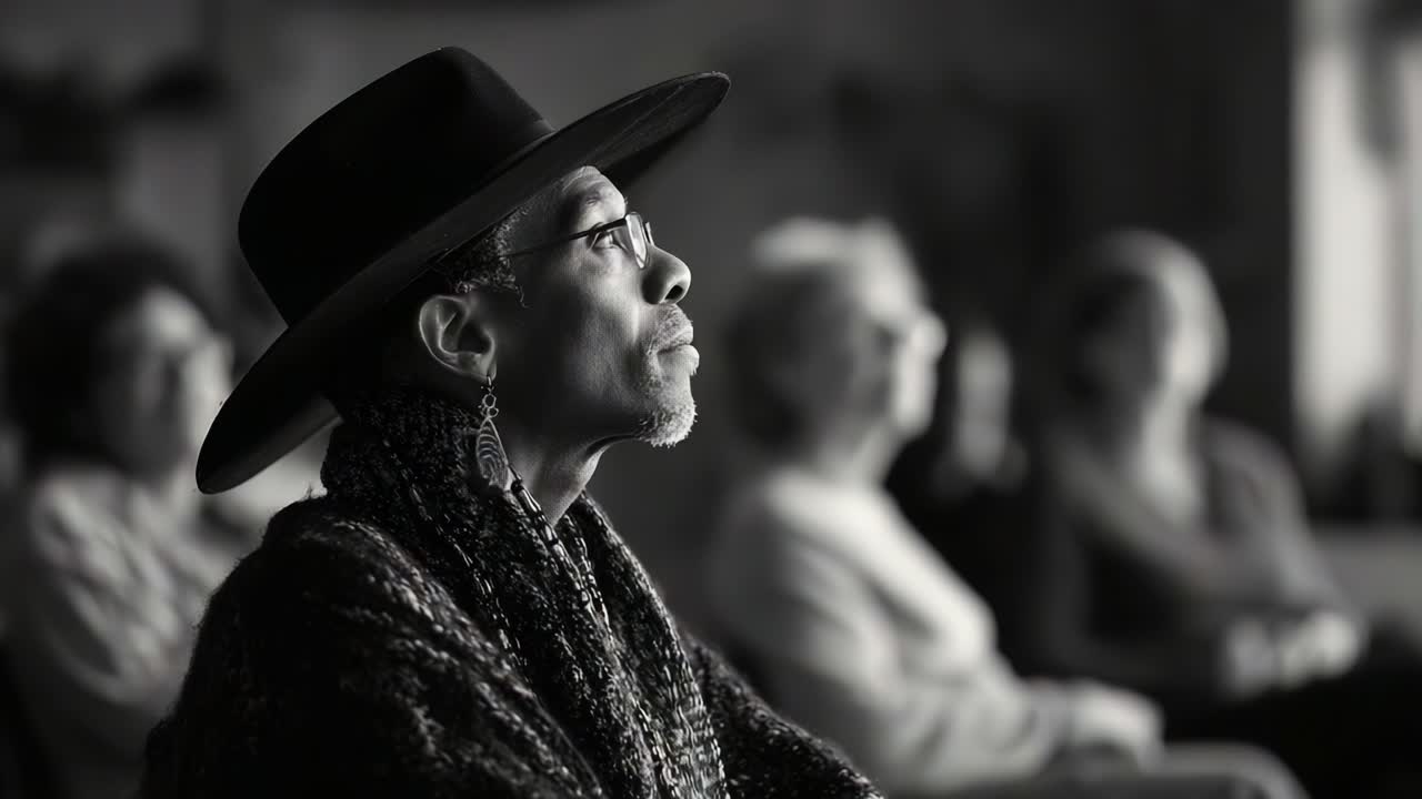 A Reflective Moment: An Individual in a Hat Contemplates Amidst a Group, Capturing Attention and Thoughtfulness in a Monochromatic Scene of Quiet Observance