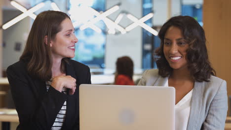 two businesswomen with laptop at desk in open plan office collaborating on project together