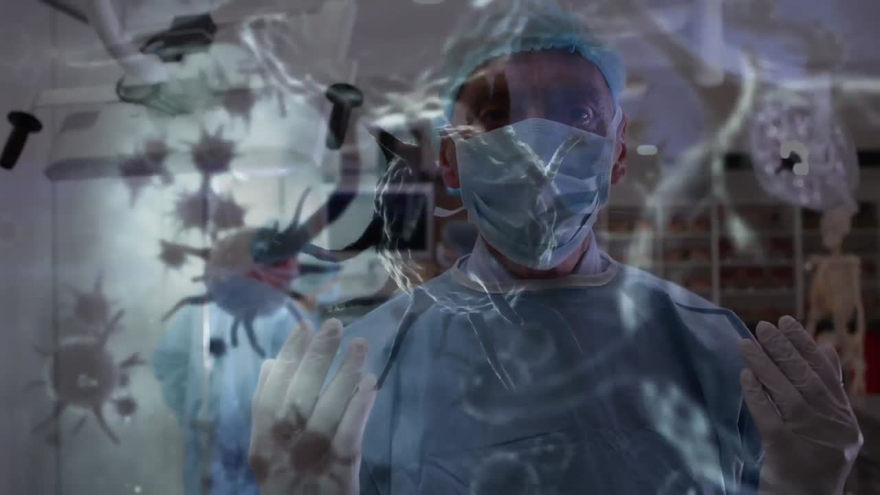 animación de células de virus flotando sobre los médicos durante la cirugía
