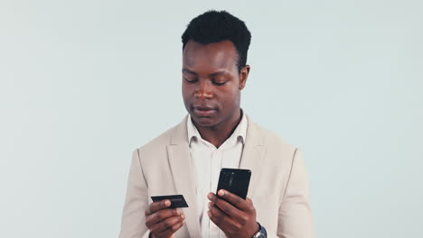 Tarjeta-De-Crédito,-Sonrisa-Y-Hombre-Negro-Con-Teléfono