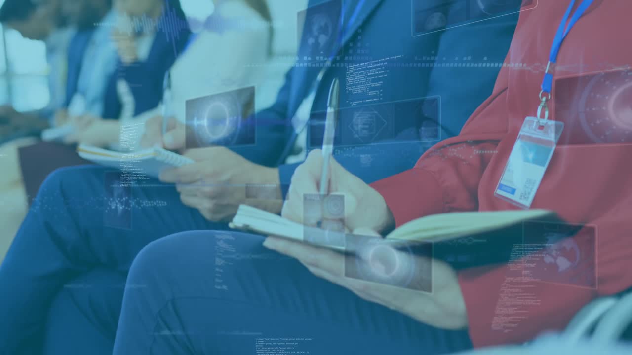 animación de la bandera de estadísticas y procesamiento de datos financieros durante una reunión de negocios