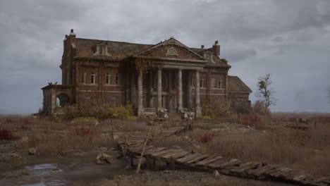 abandoned mansion surrounded by overgrown landscape and cloudy sky