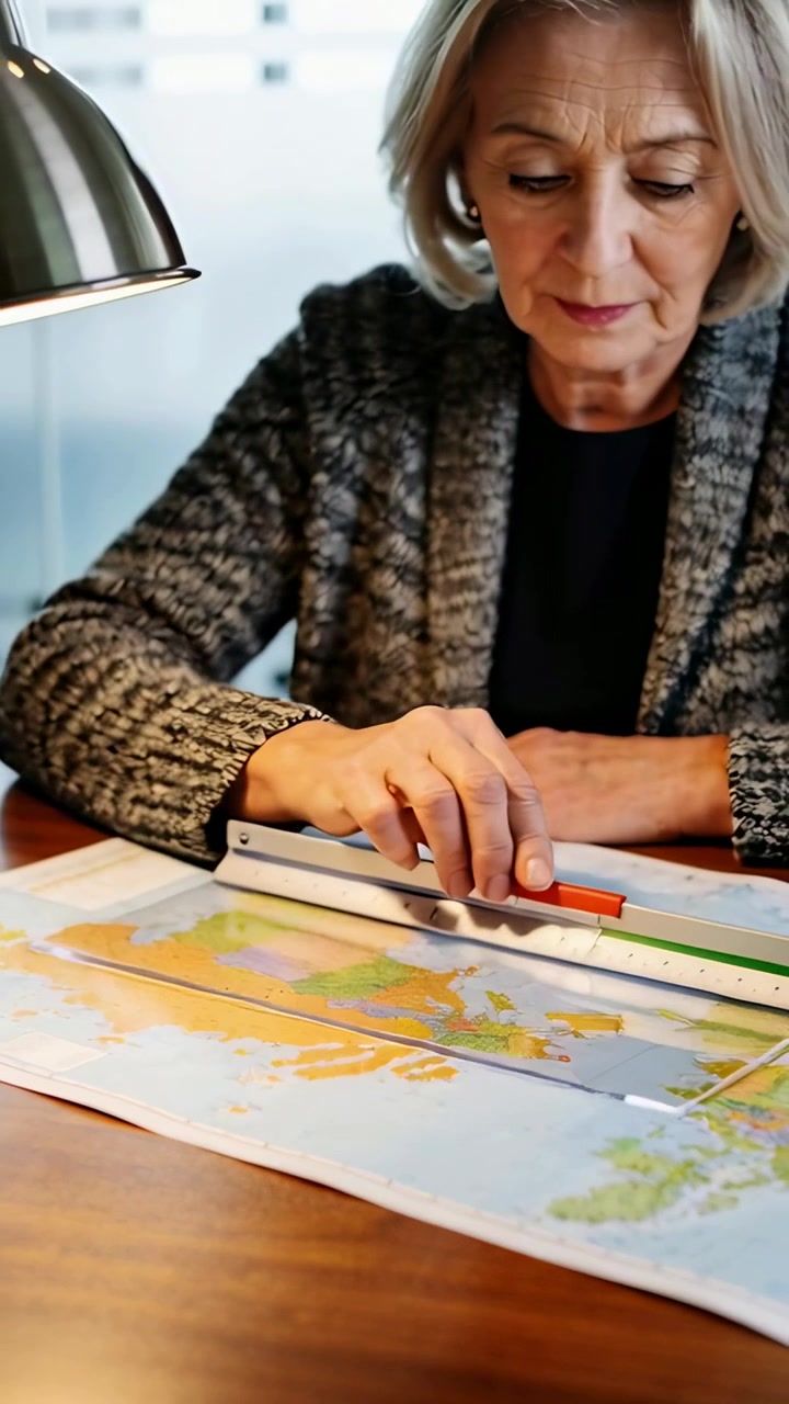 Vertical video: Touching red slider, senior woman checking alignment on map ruler at home desk