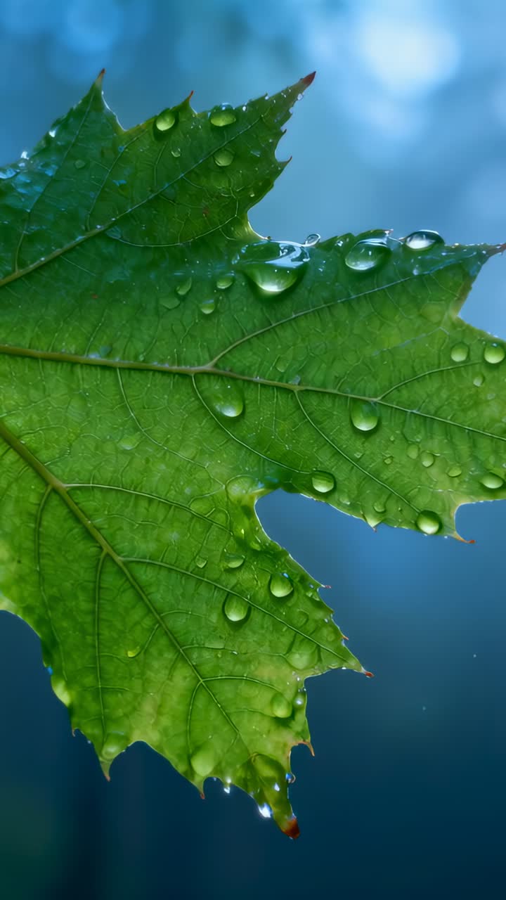 Vertical video: Droplets merging causing maple leaf shedding tip droplet by gravity in woods