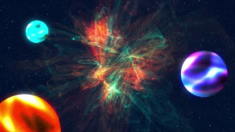 computer generated colorful cosmic landscape: spiral nebula, planets and galaxies on a starry background. 3d rendering