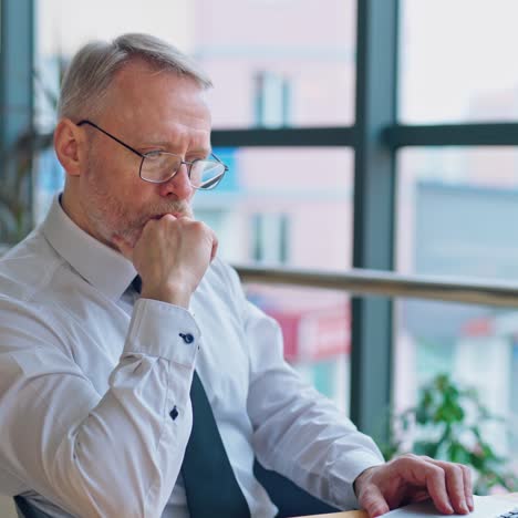 thoughtful senior man working on a laptop. portrait of a mature grey-haired businessman sitting near the window and working in the office.