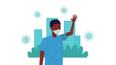 afro man wearing medical mask on the city animation
