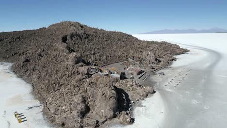 Aerial-view-of-Incahuasi-Island-in-the-center-of-Salar,-Bolivia-wild-landscape-and-unique-flora