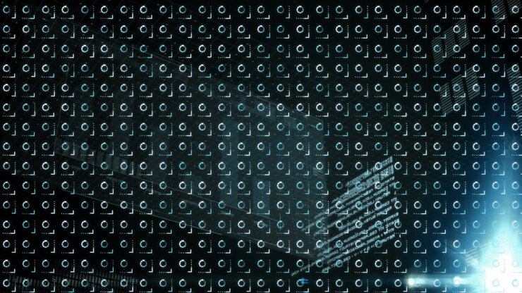 Animation of data processing over rotating loading circles on black background